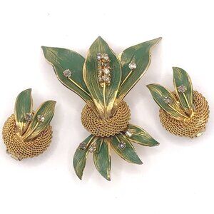 Vintage 1965 Hobe Green Leaves Gold Tone Mesh Crystal Brooch Earring Set